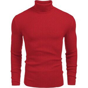 Coofandy Red Mens Ribbed Slim Fit Knitted Pullover Casual Turtleneck Sweater